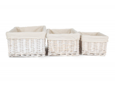 Basket, Set of 3 WHITE WASH WICKER STORAGE BASKETS with LINING 