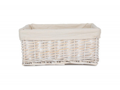 Basket, MEDIUM WHITE WASH WICKER STORAGE BASKET with WHITE LINING 