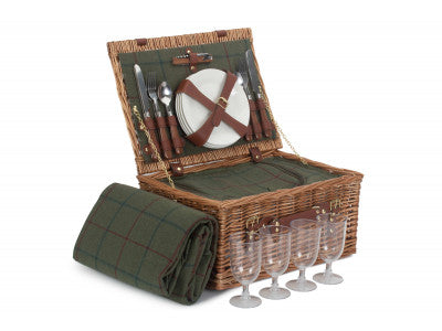 Basket, 4 PERSON GREEN TWEED CLASSIC PICNIC HAMPER