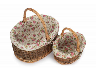 Basket, Set of 2 COUNTRY OVAL SHOPPER with GARDEN ROSE LINING 