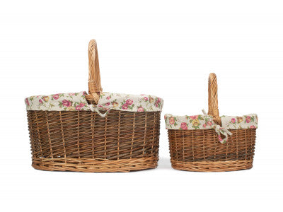 Basket, Set of 2 COUNTRY OVAL SHOPPER with GARDEN ROSE LINING 
