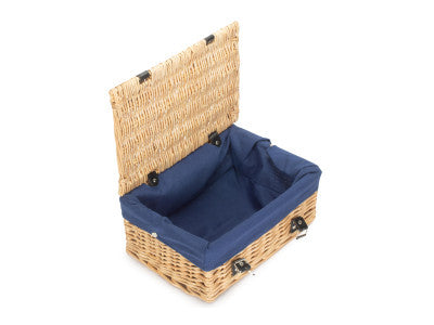 Basket, 14 inch EMPTY WICKER HAMPER BASKET - BUFF - NAVY BLUE LINING