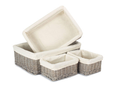 Basket, Set of 4 GREY WASH FINISH TRAY with LINING 