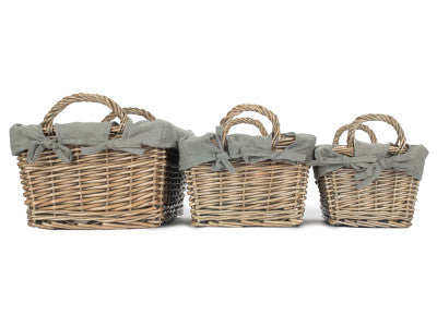 Basket, Set of 3 ANTIQUE WASH HANDLED STORAGE SOLUTION with GREY SAGE LINING 