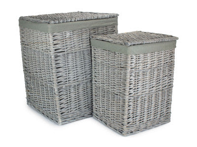 Basket, Set of 2 GREY WASH SQUARE LAUNDRY BASKET with GREY SAGE LINING 