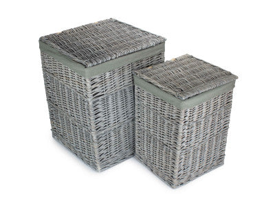 Basket, Set of 2 GREY WASH SQUARE LAUNDRY BASKET with GREY SAGE LINING 
