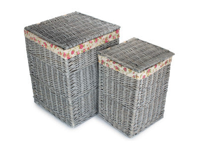 Basket, Set of 2 GREY WASH SQUARE LAUNDRY BASKET with GARDEN ROSE LINING 