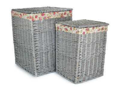 Basket, Set of 2 GREY WASH SQUARE LAUNDRY BASKET with GARDEN ROSE LINING 