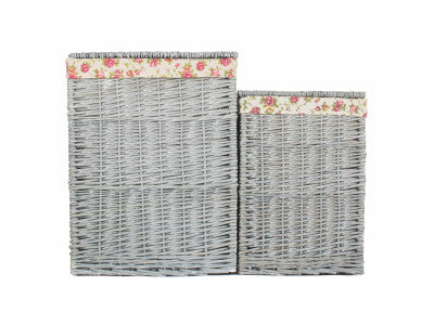 Basket, Set of 2 GREY WASH SQUARE LAUNDRY BASKET with GARDEN ROSE LINING 