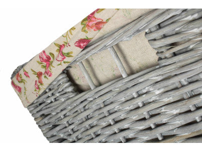 Basket, Set of 2 GREY WASH SQUARE LAUNDRY BASKET with GARDEN ROSE LINING 
