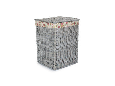 Basket, SMALL GREY WASH SQUARE LAUNDRY BASKET with GARDEN ROSE LINING