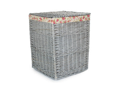 Basket, LARGE GREY WASH SQUARE LAUNDRY BASKET with GARDEN ROSE LINING