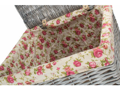 Basket, LARGE GREY WASH SQUARE LAUNDRY BASKET with GARDEN ROSE LINING
