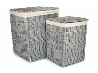 Basket, Set of 2 GREY WASH SQUARE LAUNDRY BASKET with WHITE LINING 