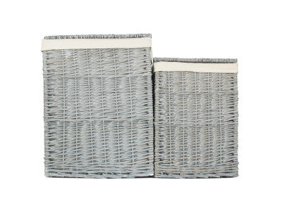 Basket, Set of 2 GREY WASH SQUARE LAUNDRY BASKET with WHITE LINING 