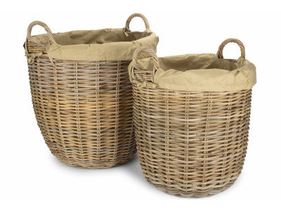Basket, Set of 2 TALL ROUND FIRESIDE GREY RATTAN LOG BASKET with REMOVABLE CORDURA LINING 