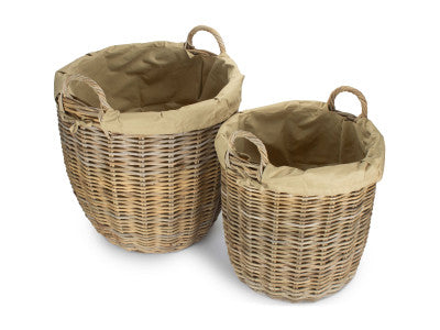 Basket, Set of 2 TALL ROUND FIRESIDE GREY RATTAN LOG BASKET with REMOVABLE CORDURA LINING 