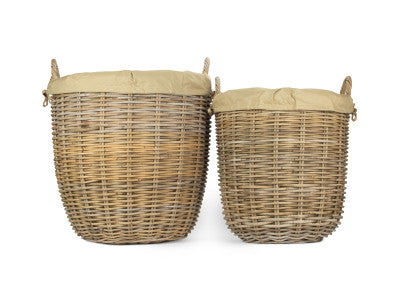 Basket, Set of 2 TALL ROUND FIRESIDE GREY RATTAN LOG BASKET with REMOVABLE CORDURA LINING 