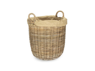 Basket, MEDIUM TALL ROUND FIRESIDE GREY RATTAN LOG BASKET with REMOVABLE CORDURA LINING