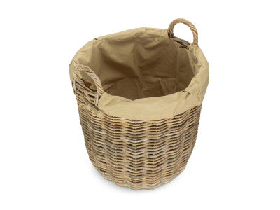 Basket, MEDIUM TALL ROUND FIRESIDE GREY RATTAN LOG BASKET with REMOVABLE CORDURA LINING