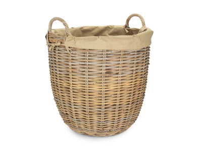 Basket, LARGE TALL ROUND FIRESIDE GREY RATTAN LOG BASKET with REMOVABLE CORDURA LINING