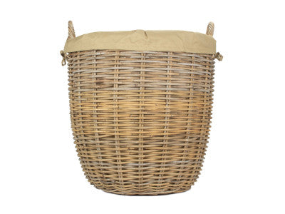 Basket, LARGE TALL ROUND FIRESIDE GREY RATTAN LOG BASKET with REMOVABLE CORDURA LINING