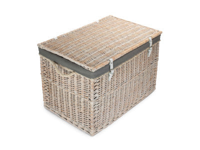 "Basket, 29" WHITE WASH STORAGE HAMPER WITH GREY SAGE LINING"