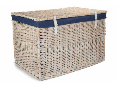 "Basket, 29" WHITE WASH STORAGE HAMPER with NAVY BLUE LINING"