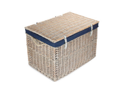 "Basket, 29" WHITE WASH STORAGE HAMPER with NAVY BLUE LINING"