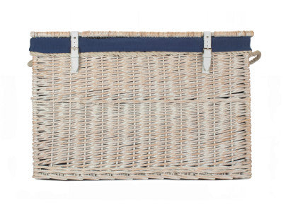 "Basket, 29" WHITE WASH STORAGE HAMPER with NAVY BLUE LINING"