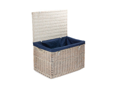 "Basket, 29" WHITE WASH STORAGE HAMPER with NAVY BLUE LINING"