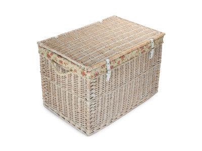 "Basket, 29" WHITE WASH STORAGE HAMPER with GARDEN ROSE LINING"
