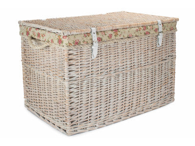 "Basket, 29" WHITE WASH STORAGE HAMPER with GARDEN ROSE LINING"
