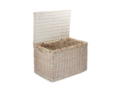 "Basket, 29" WHITE WASH STORAGE HAMPER with GARDEN ROSE LINING"