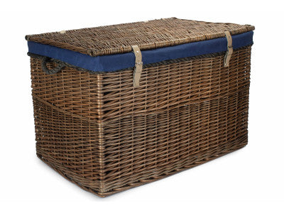 "Basket, 29" ANTIQUE WASH STORAGE HAMPER with NAVY BLUE LINING"