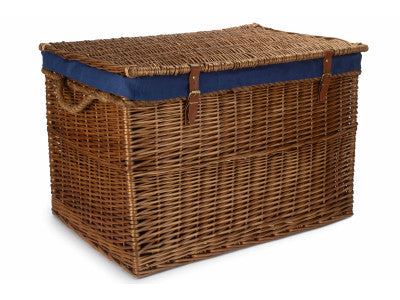 "Basket, 29" LIGHT STEAMED STORAGE HAMPER with NAVY LINING"