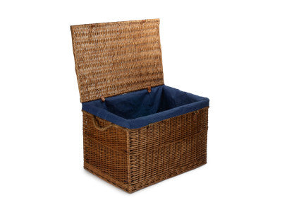 "Basket, 29" LIGHT STEAMED STORAGE HAMPER with NAVY LINING"