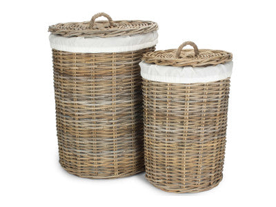 Basket, Set of 2 ROUND RATTAN LAUNDRY HAMPER BASKET with WHITE LINING 