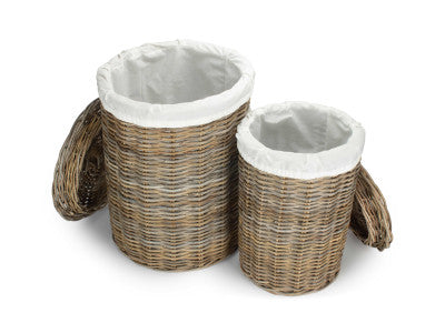 Basket, Set of 2 ROUND RATTAN LAUNDRY HAMPER BASKET with WHITE LINING 