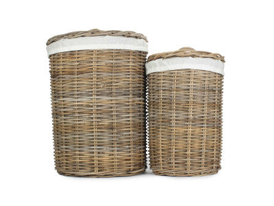 Basket, Set of 2 ROUND RATTAN LAUNDRY HAMPER BASKET with WHITE LINING 