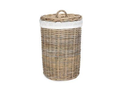 Basket, SMALL ROUND RATTAN LAUNDRY HAMPER BASKET with WHITE LINING