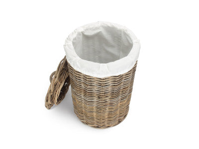 Basket, SMALL ROUND RATTAN LAUNDRY HAMPER BASKET with WHITE LINING