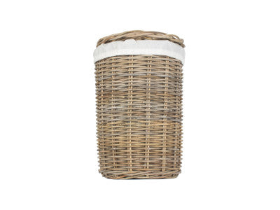Basket, SMALL ROUND RATTAN LAUNDRY HAMPER BASKET with WHITE LINING
