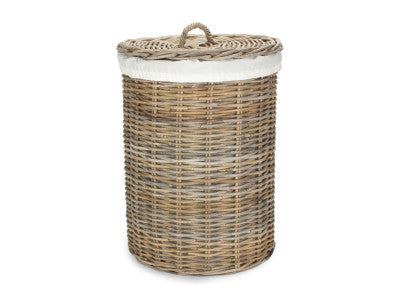 Basket, LARGE ROUND RATTAN LAUNDRY HAMPER BASKET with WHITE LINING