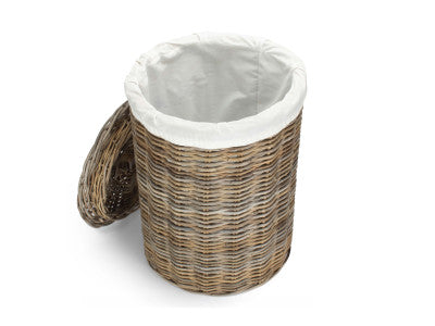 Basket, LARGE ROUND RATTAN LAUNDRY HAMPER BASKET with WHITE LINING