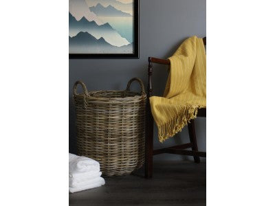 Basket, MEDIUM TALL ROUND FIRESIDE GREY RATTAN LOG BASKET