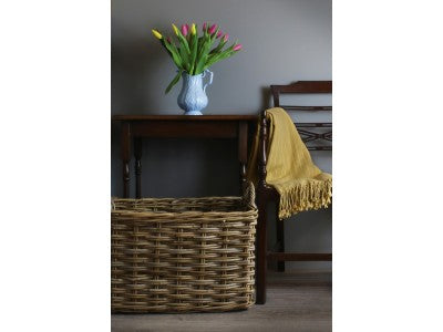 Basket, SMALL RECTANGULAR GREY RATTAN HALLWAY LOG BASKET