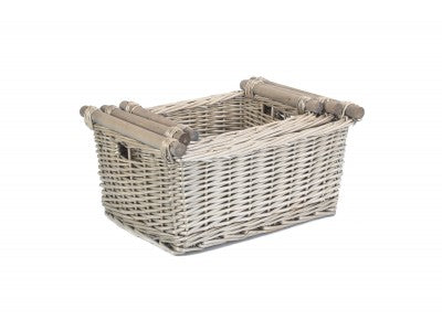 Basket, Set of 3 ANTIQUE WASH WOODEN HANDLED STORAGE BASKETS 