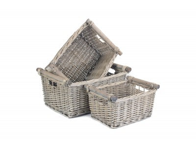 Basket, Set of 3 ANTIQUE WASH WOODEN HANDLED STORAGE BASKETS 