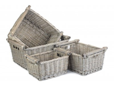 Basket, Set of 4 ANTIQUE WASH WOODEN HANDLED STORAGE BASKETS 